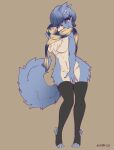  2020 anthro black_nose blue_body blue_fur breasts canid canine canis clothing covering covering_crotch digitigrade featureless_breasts female fur kiit0s legwear looking_up maku_(maku450) mammal navel scarf simple_background smile solo standing stockings wide_hips wolf 