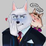  &lt;3 1:1 2022 ? anthro blush bodily_fluids canid canine canis clothing domestic_cat duo felid feline felis illumination_entertainment jerry_(sing) jimmy_crystal male male/male mammal necktie shirt simple_background sing_(movie) size_difference sweat topwear white_body wolf zombie_paint13 