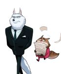  2022 anthro bottomwear canid canine canis clothing domestic_cat duo felid feline felis fur humanoid_hands illumination_entertainment jerry_(sing) jimmy_crystal male mammal mmangopudding necktie pants shirt simple_background sing_(movie) size_difference topwear white_background white_body white_fur wolf 