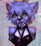  2021 anthro black_nose blue_body blue_fur blue_hair breasts canid canine canis chanrom collar female fur green_eyes hair looking_at_viewer maku_(maku450) mammal short_hair smile solo wolf 