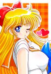  1girl aino_minako bishoujo_senshi_sailor_moon blonde_hair blue_bow blue_eyes bow choker circlet earrings finger_to_mouth gloves hair_bow heart highres jewelry long_hair looking_at_viewer magical_girl nagaigoz one_eye_closed orange_background orange_choker orange_sailor_collar parted_lips plaid plaid_background sailor_collar sailor_senshi_uniform sailor_venus shiny shiny_hair solo stud_earrings upper_body white_gloves 