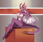  anthro big_breasts breasts dragon female hair hi_res horn long_hair looking_at_viewer navel nude purplelemons razulia_(trololohstuffs) sitting smile solo spikes white_hair 