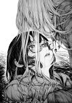  2girls absurdres black_hair face glasses greyscale hair_in_mouth highres kamikoshi_sorawo long_hair looking_at_another monochrome multiple_girls nishina_toriko nostrils novel_illustration official_art open_mouth ripples shirakaba short_hair teeth urasekai_picnic water 