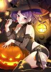  1girl 1ns217 absurdres bangs bat candy diagonal_bangs dress food halloween hat highres holding holding_candy holding_food holding_lollipop idolmaster idolmaster_shiny_colors jack-o&#039;-lantern lollipop looking_at_viewer pumpkin purple_eyes purple_hair short_hair smile solo tanaka_mamimi teeth witch_hat 