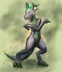  2012 3_toes ambiguous_gender anthro bittertooth dragon feet green_body green_hair green_scales grey_body grey_scales hair horn kobold lizard open_mouth reptile scales scalie simple_background solo standing toes 