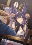  1boy 1girl animal_ears armlet bell blonde_hair breasts chair cleavage_cutout closed_eyes clothing_cutout dated erune eyebrows_visible_through_hair fox_ears fox_girl fox_tail fur_trim gran_(granblue_fantasy) granblue_fantasy hair_bell hair_ornament hand_on_own_cheek hand_on_own_face herio highres indoors long_hair looking_at_viewer medium_breasts purple_eyes purple_hair ribbon signature sitting sleeping table tail twitter_username yuel_(granblue_fantasy) 