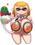  absurd_res big_breasts bottomless breasts cephalopod clothed clothing clothing_lift female genitals gray_impact hi_res huge_breasts inkling marine mollusk nintendo pussy shirt shirt_lift simple_background solo splatoon topwear video_games white_background 