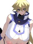  1girl absurdres blonde_hair breasts breasts_outside hair_between_eyes highres long_hair looking_at_viewer nipples pobotto shiny shiny_hair shirt sleeveless sleeveless_shirt smile solo tenjouin_asuka white_background yellow_eyes yu-gi-oh! 