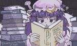  1girl ? bangs book book_stack confused hair_ribbon hat hegel highres holding library long_hair mob_cap patchouli_knowledge psicochurroz purple_eyes purple_hair reading ribbon solo sweat touhou 