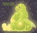  2022 anthro big_butt blush bubble_butt butt dialogue english_text glowing glowing_body gobi_(over_the_moon) hi_res huge_butt hunnipanda looking_at_viewer male mammal narrowed_eyes nude open_mouth open_smile over_the_moon pangolin scales sitting sky smile solo star starry_sky talking_to_viewer teeth text thick_thighs 