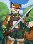  2022 anthro bottomwear canid canine cape cheek_tuft clothing countershade_face countershade_torso countershading dipstick_tail facial_tuft fox fur green_bottomwear green_cape green_clothing green_shorts hi_res holding_object holding_sword holding_weapon inner_ear_fluff looking_at_viewer male mammal markings melee_weapon open_mouth open_smile orange_body orange_fur shorts sinsquared smile smiling_at_viewer solo sword tail_markings tuft weapon 
