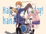  3girls bangs birthday black_hair brown_hair character_name commentary_request english_text eyebrows_visible_through_hair ground_vehicle happy_birthday highres hoshizora_rin koizumi_hanayo long_hair looking_at_viewer love_live! love_live!_school_idol_project maruyo motor_vehicle motorcycle multiple_girls nico_nico_nii orange_hair otonokizaka_school_uniform pantyhose purple_eyes red_eyes school_uniform short_hair sidelocks smile translation_request twintails yazawa_nico yellow_eyes 