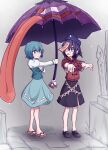  2girls bangs benizuwai black_eyes black_footwear black_hair black_headwear black_skirt blue_dress blue_eyes blue_hair blue_skirt closed_mouth dress flip-flops full_body graveyard heterochromia highres holding holding_umbrella jiangshi karakasa_obake miyako_yoshika multiple_girls open_mouth rain red_eyes red_shirt sandals shirt shoes short_hair skirt standing tatara_kogasa tile_floor tiles toes tongue tongue_out touhou umbrella v-shaped_eyebrows wet wet_clothes wet_shirt white_shirt zombie 