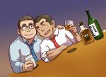  2boys bara belly blush bottle couple cup dark-skinned_male dark_skin dutch_angle glasses heads_together holding holding_cup leaning_on_person looking_at_another male_focus multiple_boys necktie one_eye_closed original plump red_necktie salaryman short_hair sideburns sleeves_rolled_up suv wine_bottle yaoi 