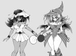  2girls bangs bare_shoulders blush_stickers breasts capelet cleavage closed_mouth collar collarbone commentary dark-skinned_female dark_magician_girl dark_skin dress duel_monster facial_mark grey_background greyscale hat highres holding long_hair looking_at_viewer mana_(yu-gi-oh!) medium_breasts monochrome multiple_girls pelvic_curtain pentagram short_dress simple_background smile the_golden_smurf thighs wand wizard_hat yu-gi-oh! 