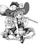  1girl :d apron bangs blush bow braid broom butterfly_sitting commentary_request dress frills full_body greyscale grin hair_bow hand_on_own_leg happy hat highres holding holding_broom kirisame_marisa kusama_takato long_hair looking_at_viewer monochrome puffy_sleeves short_sleeves sidelocks simple_background sitting smile socks solo teeth touhou v-shaped_eyebrows waist_apron witch_hat 