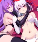  2girls bangs bare_shoulders bb_(fate) bb_(fate/extra) breasts cleavage collarbone fate/extra fate/extra_ccc fate/grand_order fate_(series) highres kama_(fate) large_breasts long_hair looking_at_viewer medium_breasts multiple_girls navel purple_eyes purple_hair red_eyes short_hair silver_hair smile spider_apple thighhighs thighs 