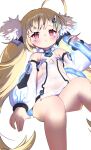  1girl :o ahoge azur_lane bangs bare_shoulders blonde_hair blush detached_sleeves dress eldridge_(azur_lane) electricity eyebrows_visible_through_hair feet_out_of_frame hair_ornament hairclip hand_up highres long_hair long_sleeves looking_at_viewer low_twintails parted_lips puffy_long_sleeves puffy_sleeves red_eyes siera_(sieracitrus) simple_background sitting sleeveless sleeveless_dress solo tail twintails very_long_hair white_background white_dress white_sleeves 