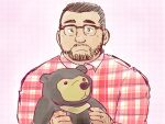  1boy arm_hair bara beard belly buzz_cut collared_shirt facial_hair glasses holding holding_stuffed_toy male_focus mature_male mustache original plump red_shirt shirt short_hair solo stuffed_animal stuffed_toy suv teddy_bear thick_eyebrows unfinished upper_body very_short_hair 