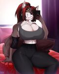  anthro artist_name bed big_breasts black_hair bra breasts canid canine cellphone cleavage clothed clothing curvaceous curvy_figure elise_(omniman907) eye_through_hair eyebrow_through_hair eyebrows female fingers fur furniture grey_body grey_fur hair hi_res huge_breasts inside leggings legwear littlesheep long_hair looking_at_viewer mammal midriff multicolored_body multicolored_fur multicolored_hair phone ponytail pupils red_hair selfie sitting slit_pupils small_waist smile solo sports_bra thick_thighs tight_clothing translucent translucent_hair two_tone_body two_tone_fur two_tone_hair underwear voluptuous white_body white_fur wide_hips yellow_eyes 