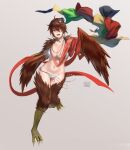  1girl :d artist_name bangs belly_chain bikini bird_legs breasts brown_feathers brown_hair cleavage dated_commentary feathered_wings flower full_body grey_background groin hair_between_eyes hair_flower hair_ornament harpy highres hunyan jewelry large_breasts looking_at_viewer lower_teeth messy_hair midriff monster_girl navel necklace open_mouth original red_ribbon ribbon short_hair sidelocks simple_background smile solo swimsuit talons teeth white_bikini winged_arms wings 