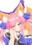  1girl animal_ear_fluff animal_ears bangs bare_shoulders blue_bow blue_kimono bow closed_mouth collar commentary_request dated detached_sleeves eyebrows_visible_through_hair eyes_visible_through_hair fate/extra fate_(series) fox_ears fox_girl fox_tail hair_bow hand_on_another&#039;s_hand highres japanese_clothes kimono light_blush long_hair long_sleeves looking_at_viewer pink_hair pov pov_adoring pov_hands sidelocks smile solo_focus sparkling_eyes split_ponytail tail tamamo_(fate) tamamo_no_mae_(fate/extra) upper_body white_background white_collar wide_sleeves winsankemonodou yellow_eyes 