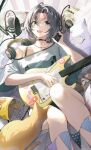  1girl absurdres bed black_hair blue_eyes blush cat chips choker food guitar headphones highres holding holding_instrument instrument josal looking_at_viewer lying medium_hair microphone on_back open_mouth original pen pillow sheet_music smile solo 