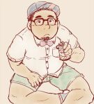  1boy bara baseball_cap belly bow bowtie brown_theme bulge casual collared_shirt crossed_legs facial_hair feet_out_of_frame from_above glasses goatee hat holding looking_at_viewer male_focus muted_color original plump shirt short_hair shorts sitting solo suv thick_eyebrows 