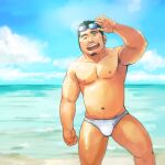  1boy bara beach belly bulge eyewear_on_head facial_hair feet_out_of_frame goatee long_sideburns looking_at_viewer male_focus male_swimwear mature_male muscular muscular_male navel navel_hair nipples one_eye_closed original pectorals plump short_hair sideburns solo stomach sunglasses suv swim_briefs thick_eyebrows thick_thighs thighs topless_male white_male_swimwear 