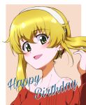  1girl alternate_hairstyle bangs bare_shoulders blonde_hair blush brown_background carpaccio_(girls_und_panzer) commentary cursive earrings english_text eyebrows_visible_through_hair girls_und_panzer green_eyes hair_up hairband hand_in_hair happy_birthday highres jewelry kayabakoro long_hair long_sleeves looking_at_viewer low_twintails off-shoulder_shirt off_shoulder open_mouth outside_border portrait red_shirt shirt smile solo twintails white_hairband 