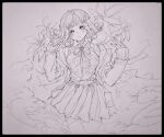  1girl bangs blush breasts collared_shirt danganronpa_(series) danganronpa_2:_goodbye_despair dress_shirt eyebrows_visible_through_hair flower galaga greyscale hair_ornament hands_up large_breasts liang_cun_rakuna long_sleeves looking_at_viewer lying miniskirt monochrome nanami_chiaki neck_ribbon on_back parted_lips pleated_skirt ribbon shirt shirt_tucked_in skirt solo thighhighs traditional_media 