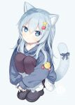  1girl :&lt; animal_ears bangs black_legwear blue_eyes blue_jacket blue_ribbon capriccio cat_ears cat_girl cat_tail commentary food-themed_hair_ornament full_body hair_between_eyes hair_ornament hairclip hood hood_down hooded_jacket jacket light_blue_hair long_hair long_sleeves looking_at_viewer original own_hands_together pantyhose ribbon simple_background sleeves_past_wrists solo squatting star_(symbol) star_hair_ornament strawberry_hair_ornament tail tail_ornament tail_ribbon white_background 
