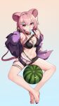  1girl absurdres animal_ears arknights arm_up armpits bare_shoulders barefoot belt bikini black_bikini black_choker black_shorts breasts choker cleavage earrings ett food fruit hair_ornament hairclip highres jacket jewelry lin_yuhsia_(arknights) long_hair long_sleeves looking_at_viewer medium_breasts micro_shorts mismatched_bikini mouse_ears mouse_girl mouse_tail mouth_hold nail_polish navel necklace off_shoulder open_clothes open_fly open_jacket pink_hair popsicle popsicle_in_mouth purple_jacket red_eyes short_shorts shorts sitting skindentation solo stomach string_bikini swimsuit tail thighs toenail_polish toenails watermelon white_bikini 