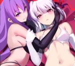  2girls bangs bare_shoulders bb_(fate) bb_(fate/extra) breasts cleavage collarbone fate/extra fate/extra_ccc fate/grand_order fate_(series) highres kama_(fate) large_breasts long_hair looking_at_viewer medium_breasts multiple_girls purple_eyes purple_hair red_eyes short_hair silver_hair smile spider_apple 
