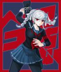  1girl absurdres bangs black_sailor_collar blue_background braid breasts closed_mouth cowboy_shot danganronpa_(series) danganronpa_2:_goodbye_despair glasses green_skirt grey_hair hair_ribbon highres kaisan_(kaisanshiki) large_breasts legs_apart long_hair long_sleeves looking_at_viewer neckerchief pekoyama_peko pleated_skirt red_armband red_background red_eyes red_neckerchief ribbon sailor_collar school_uniform shiny shiny_hair shirt_tucked_in skirt solo twin_braids white_ribbon 