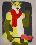  4:5 absurd_res aero_novara animal_genitalia animal_penis anthro bodily_fluids canid canine canine_penis cellphone clothing erection fox fur genital_fluids genitals hi_res jockstrap katarhein knot looking_at_viewer male mammal penis phone precum scarf solo standing underwear yellow_body yellow_fur 