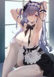  1girl absurdres armpits august_von_parseval_(azur_lane) august_von_parseval_(the_conquered_unhulde)_(azur_lane) azur_lane bangs black_bow black_bowtie blush bow bowtie breasts eyebrows_visible_through_hair feet_out_of_frame hair_between_eyes hair_over_one_eye hands_in_hair highres large_breasts long_hair looking_at_viewer maid maid_headdress purple_eyes purple_hair shiro_kanae sideboob simple_background sitting solo thighhighs white_legwear window 