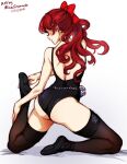  1girl artist_name ass athletic_leotard back ballet_slippers bangs bare_shoulders black_footwear black_shirt blush bow butt_crack dated eyebrows_visible_through_hair full_body hair_bow hair_ribbon leggings legs_apart leotard long_hair long_sleeves looking_at_viewer mina_cream persona persona_5 persona_5_the_royal ponytail pose red_bow red_eyes red_hair red_ribbon ribbon shadow shiny shiny_hair shirt sidelocks solo spread_legs stretch thighhighs thighs yoshizawa_kasumi 