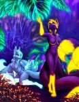  anthro black_nose breasts canid canine dreamspinner duo featureless_breasts female fox fur glowing glowing_body glowing_fur glowing_hair hair hi_res krinele_fullin mammal molly_fullin navel nude plant purple_body purple_fur unyko white_body white_fur 