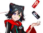  black_hair black_nails blue_eyes can collarbone cropped dive_to_zone fingernails green_eyes heterochromia hood hood_down medium_hair multicolored_hair power_symbol power_symbol-shaped_pupils red_hair simple_background smile symbol-shaped_pupils teeth upper_body urata_asao white_background zipper 