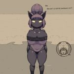  2022 areola areola_slip big_breasts breasts clothed clothing crossgender digital_media_(artwork) english_text female freepancakes gris_swimsuit hair hi_res huge_breasts humanoid league_of_legends mammal meme meme_clothing mouthless not_furry one-piece_swimsuit outside purple_body purple_hair riot_games seaside short_stack simple_background solo swimwear text thick_thighs translucent translucent_clothing translucent_swimwear under_boob veigar video_games water yellow_eyes yordle 