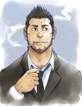 1boy alternate_hairstyle beard black_necktie bleach cropped_torso facial_hair formal kurosaki_isshin light_blush long_sideburns male_focus mature_male necktie short_hair sideburns smile smoking solo spiked_hair stubble suit suv thick_eyebrows unfinished 