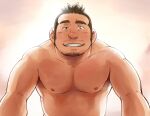  1boy armpit_hair bara belly blush brown_hair facial_hair goatee large_pectorals long_sideburns male_focus mature_male muscular muscular_male nipples nude original pectorals plump pov raised_eyebrows sexually_suggestive short_hair sideburns solo stomach suv sweat thick_eyebrows upper_body 
