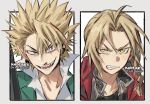  2boys ahoge angry artist_name blazer blonde_hair blue_eyes braid coat column_lineup earrings edward_elric eyeshield_21 fullmetal_alchemist furrowed_brow grin hair_over_one_eye hiruma_youichi holding jacket jewelry kadeart long_bangs long_hair looking_at_viewer male_focus multiple_boys outside_border pointy_ears popped_collar portrait sharp_teeth shirt short_hair sidelocks simple_background smile spiked_hair teeth v-shaped_eyebrows white_background yellow_eyes 