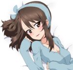  1girl bangs bed_sheet blue_headband blue_shirt blush brown_eyes brown_hair commentary dutch_angle girls_und_panzer headband kayabakoro long_hair long_sleeves looking_at_viewer lying messy_hair mika_(girls_und_panzer) no_hat no_headwear on_back on_bed open_mouth parted_lips shirt sleepwear sleeves_past_wrists smile solo textless 