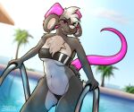  anthro clothed clothing female front_view fully_clothed gris_swimsuit hair hair_over_eye ladder looking_at_viewer lumilott one_eye_obstructed outside pawpadcomrade piercing solo standing swimming_pool swimwear ziggy_(pawpadcomrade) 