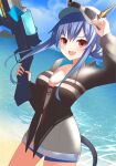  1girl :d arknights beach blue_hair blue_shorts blurry bokeh breasts ch&#039;en_(arknights) ch&#039;en_the_holungday_(arknights) cleavage collarbone commentary_request cowboy_shot depth_of_field dragon_girl dragon_horns dragon_tail eyebrows_visible_through_hair eyewear_on_head hair_between_eyes hand_up hat highres holding holding_water_gun hood hood_down horns horns_through_headwear kuwan4971 legs_apart medium_breasts mountain ocean official_alternate_costume open_mouth outdoors ponytail red_eyes sand shorts sidelocks sky smile solo sparkle summer sunglasses swimsuit tail v-shaped_eyebrows water_gun 