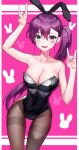  1girl :d \m/ absurdres animal_ears arm_up armpits bare_arms bare_shoulders black_leotard blue_eyes breasts brown_legwear cleavage collarbone covered_navel double_\m/ ear_piercing facial_mark fake_animal_ears fine_fabric_emphasis groin hairband hand_up heart heterochromia highleg highleg_leotard highres large_breasts leotard long_hair looking_at_viewer luxiel original pantyhose piercing playboy_bunny purple_eyes purple_hair rabbit_ears side_ponytail smile solo strapless strapless_leotard thighband_pantyhose 