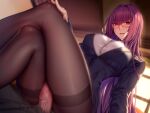  1boy 1girl bespectacled black_skirt breasts button_gap buttons censored classroom collared_shirt commentary_request crossed_legs desk dress_shirt fate/empire_of_dirt fate/grand_order fate_(series) formal game_cg glasses hair_intakes hetero long_hair lun7732 motion_blur open_mouth pantyhose penis purple_hair red_eyes scathach_(fate) school shirt skirt skirt_suit smile solo_focus suit taut_clothes taut_shirt teacher thigh_sex thighband_pantyhose very_long_hair 