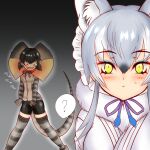  2girls :d ? animal_ear_fluff animal_ears bangs black_hair commentary_request drawstring elbow_gloves eyebrows_visible_through_hair eyelashes frilled_lizard_(kemono_friends) frills fur_collar gloves green_eyes grey_hair hair_between_eyes hair_intakes hakumaiya highres kemono_friends legs_apart lizard_tail looking_at_another looking_at_viewer makami_(kemono_friends) medium_hair multicolored_hair multiple_girls o_o shiny shiny_hair shirt short_twintails shorts sleeveless sleeveless_shirt smile spoken_question_mark standing tail thighhighs twintails wolf_ears 
